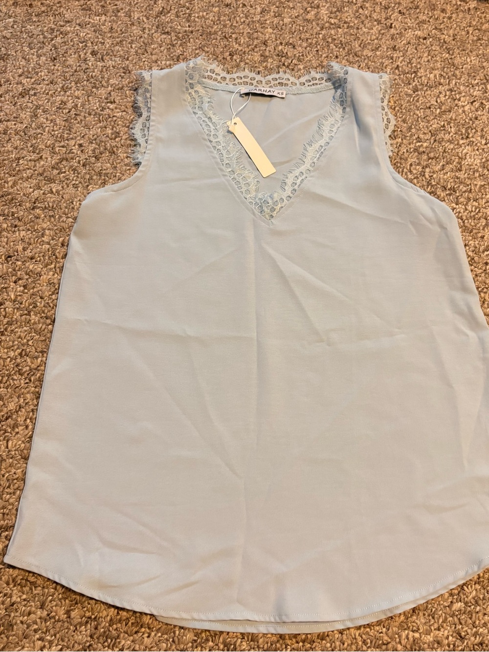 Light Blue Lace Trim V-Neck Sleeveless Top